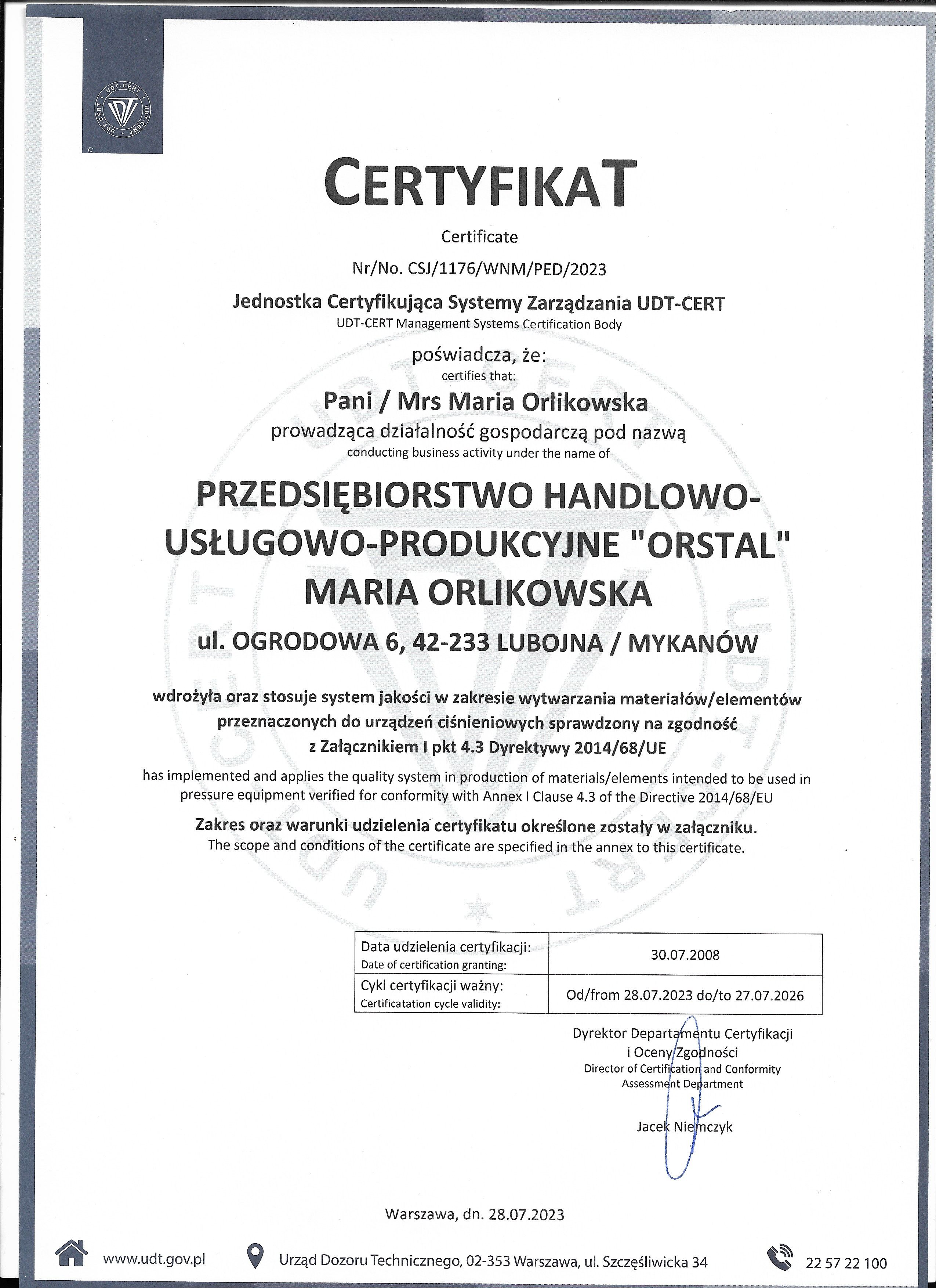 Certyfikat dla przedsiębiorstwa Orstal