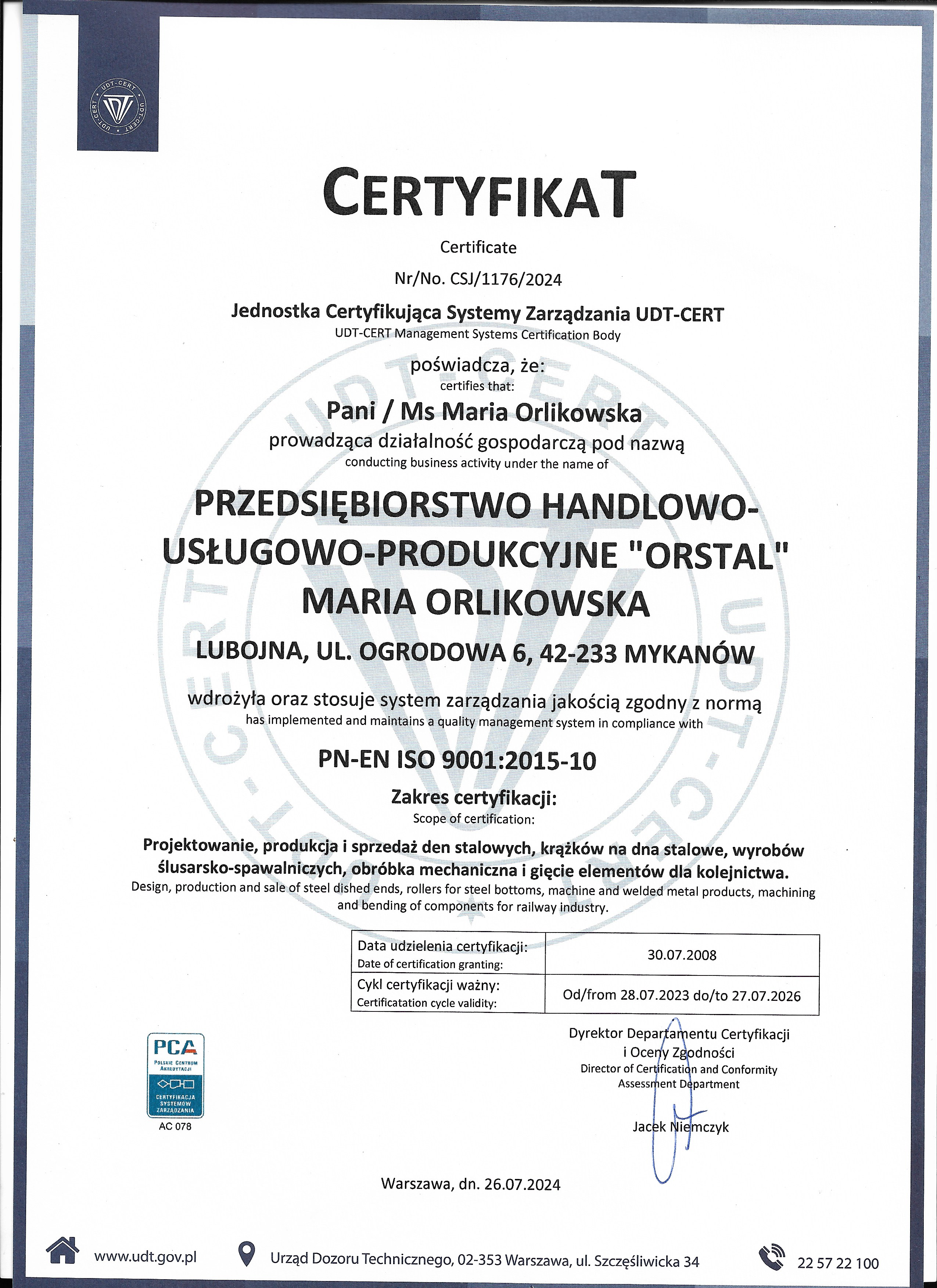 Certyfikat dla przedsiębiorstwa Orstal
